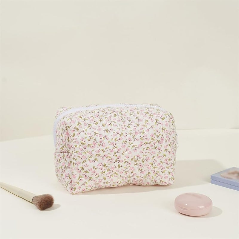Blue Quilted Flower Cosmetic Bag Large Makeup Organizer Travel Toiletry Pouch For Women Girls - Image 5