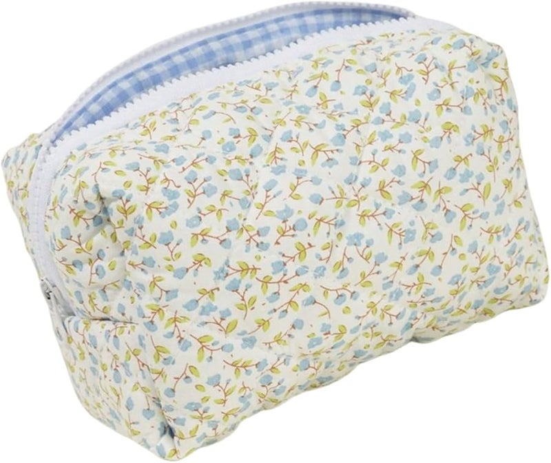 Blue Quilted Flower Cosmetic Bag Large Makeup Organizer Travel Toiletry Pouch For Women Girls - Image 1