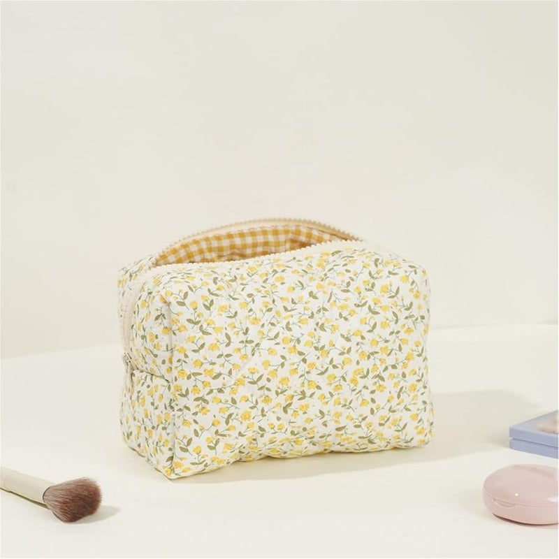 Blue Quilted Flower Cosmetic Bag Large Makeup Organizer Travel Toiletry Pouch For Women Girls - Image 4