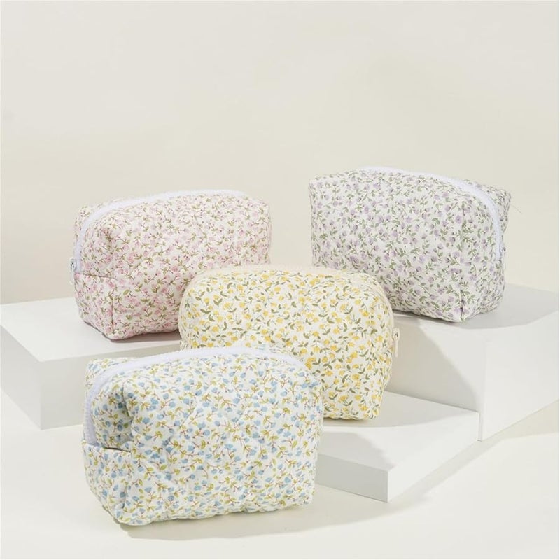 Blue Quilted Flower Cosmetic Bag Large Makeup Organizer Travel Toiletry Pouch For Women Girls - Image 3