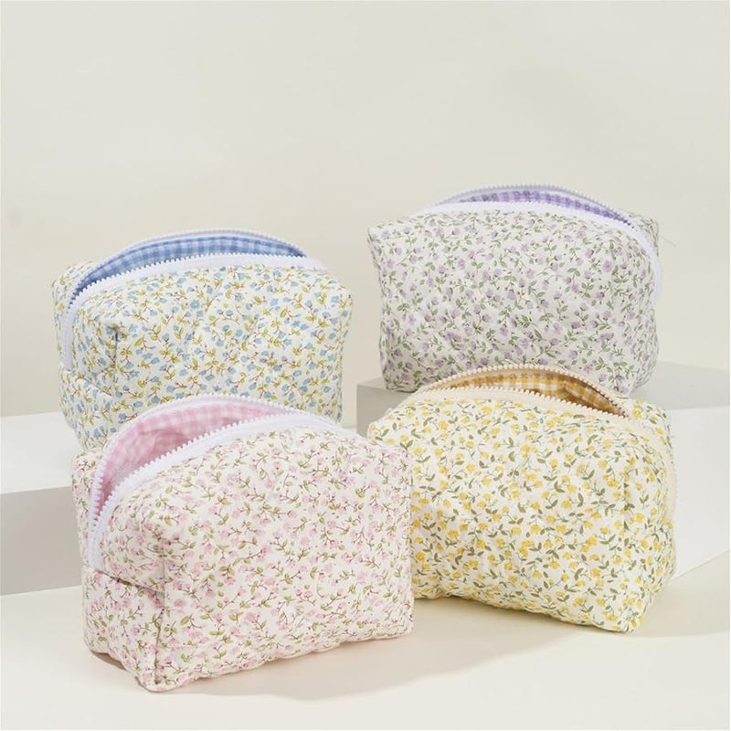 Blue Quilted Flower Cosmetic Bag Large Makeup Organizer Travel Toiletry Pouch For Women Girls - Image 2