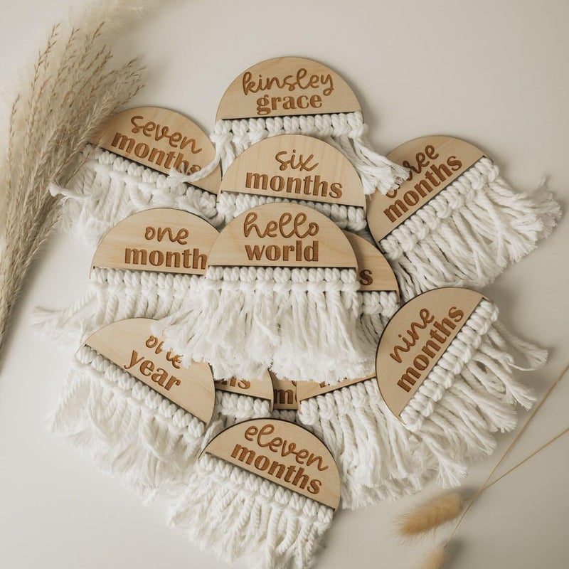 Curious Button Wooden Baby Macrame Milestone Discs|Milestone Props For Babies Photo|Baby Photoshoot Accessories|Baby Milestone Cards|,1 Count - Image 3