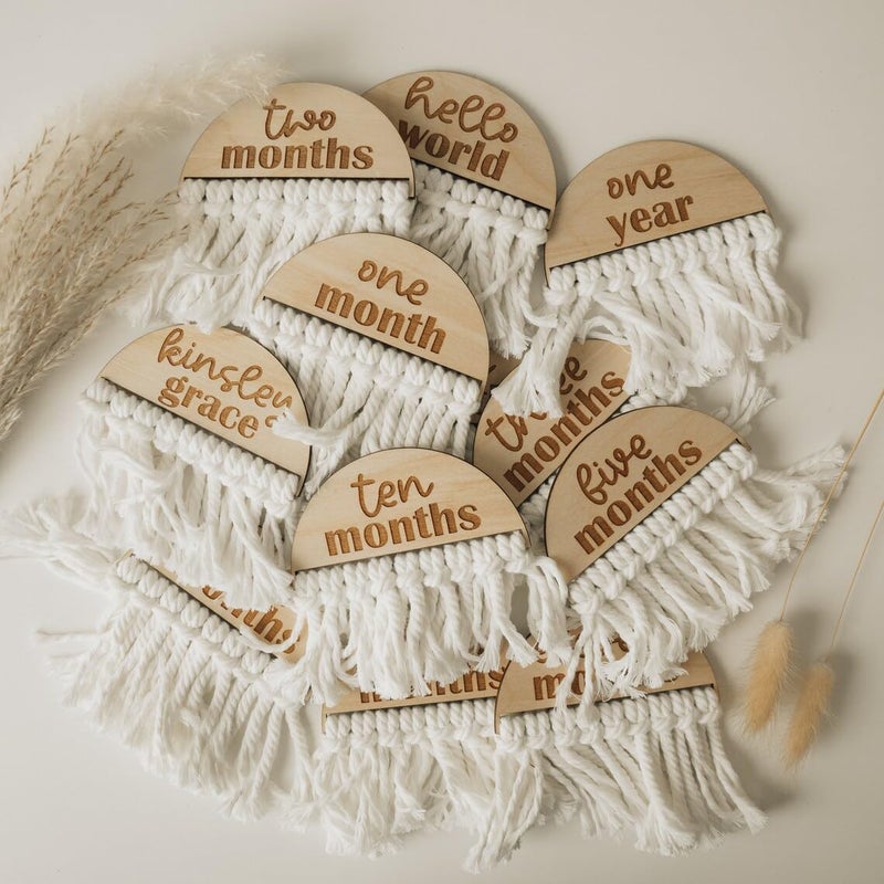 Curious Button Wooden Baby Macrame Milestone Discs|Milestone Props For Babies Photo|Baby Photoshoot Accessories|Baby Milestone Cards|,1 Count - Image 2