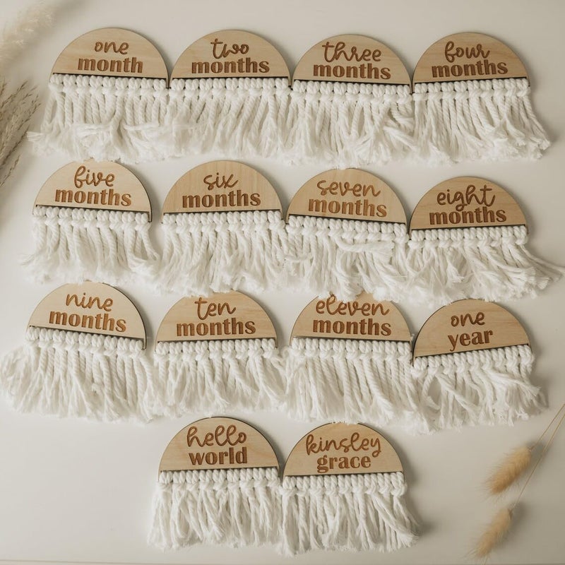 Curious Button Wooden Baby Macrame Milestone Discs|Milestone Props For Babies Photo|Baby Photoshoot Accessories|Baby Milestone Cards|,1 Count - Image 1