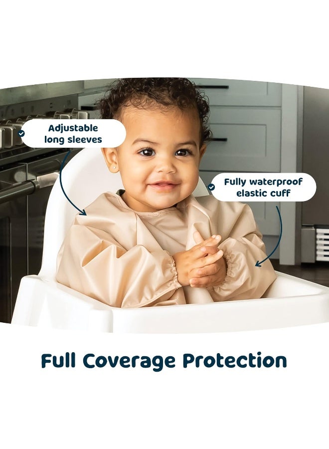 Tiny Twinkle Mess Proof Baby Bibs, 2pk Waterproof Smock Baby Bibs for Eating, Machine Washable Long Sleeve Bibs, Baby Led Weaning, Toddler Bibs, BLW Supplies (Sand Cinnamon, Large 2-4 Years) - Image 2