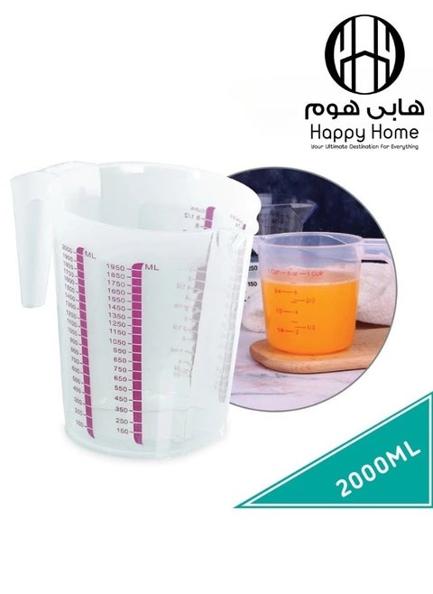 Plastic Measuring Jug for Cooking and Baking with Displayed Measurements Easy to Read Clear 2 Litre Long Handle Reusable for Liquid or Flour (Pack of 1) (2000ml)