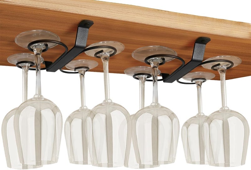 GeLive Set of 2 Wine Glass Holder Under Cabinet Stemware Rack Glass Storage Hanger With 4 Hooks Organizer for Kitchen and Bar (Black) - Image 1