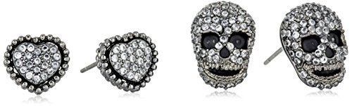 Betsey Johnson CZ Pave Heart & Skull Duo Set of Stud Earrings - Image 4