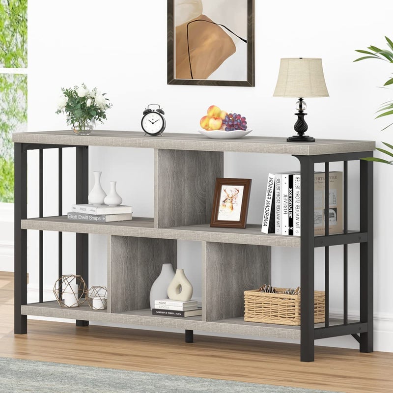 IBF IBF Industrial Horizontal Bookshelf Modern 5 Cube Storage Organizer Open Shelf Low Wide Cubby Bookcase for Home Office Living Wooden Metal Short Book Shelf Bedroom Storage Light Grey Oak 47 Inch