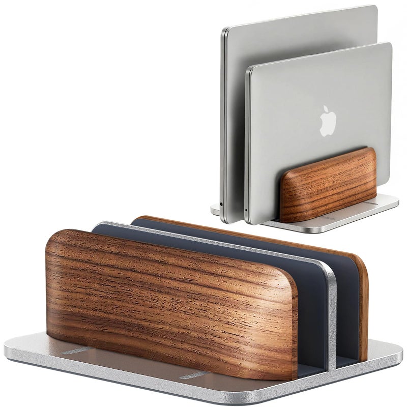 JCZT Vertical Laptop Stand, Walnut Dual Laptop Holder with Adjustable Aluminum Alloy Base Laptop Stand Compatible with All MacBok/Surface/Samsung/HP/Dell/Chrome Book (Silver) - Image 1
