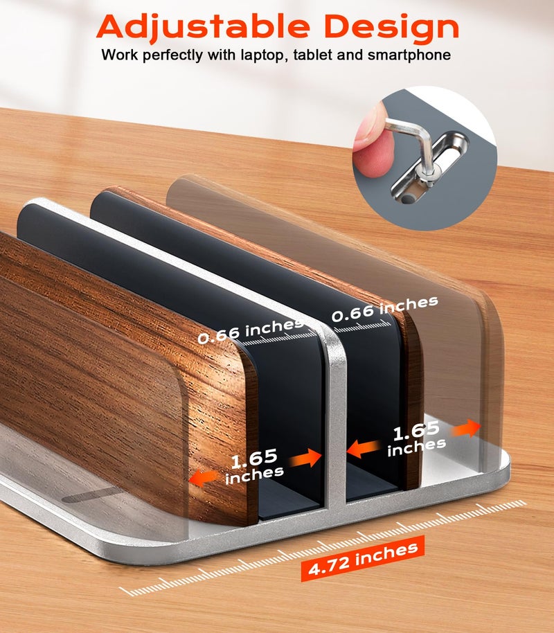 JCZT Vertical Laptop Stand, Walnut Dual Laptop Holder with Adjustable Aluminum Alloy Base Laptop Stand Compatible with All MacBok/Surface/Samsung/HP/Dell/Chrome Book (Silver) - Image 5