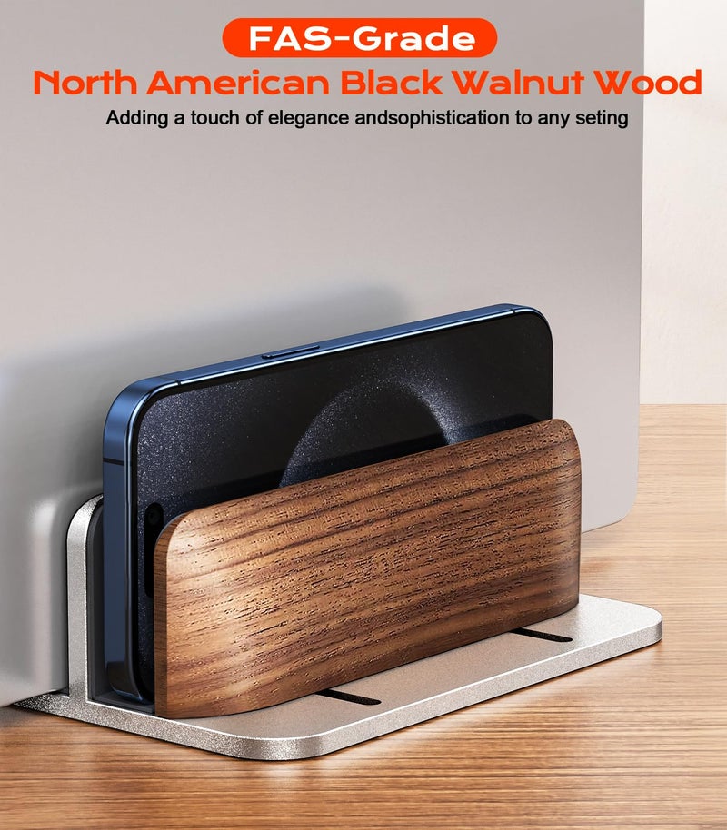 JCZT Vertical Laptop Stand, Walnut Dual Laptop Holder with Adjustable Aluminum Alloy Base Laptop Stand Compatible with All MacBok/Surface/Samsung/HP/Dell/Chrome Book (Silver) - Image 3