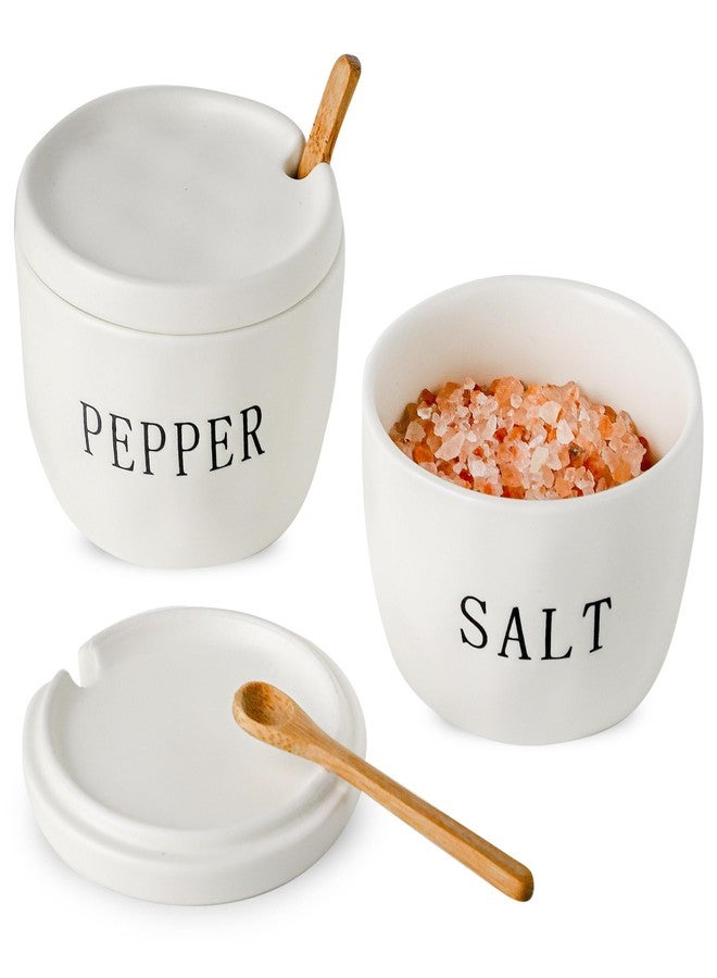 Howise 2 Pack Salt and Pepper Bowls Set, Ceramic Salt and Pepper Containers with Lid and Spoon, White Salt Pepper Holder Shakers Set, Salt Cellar Box Dish with Lid - Image 1