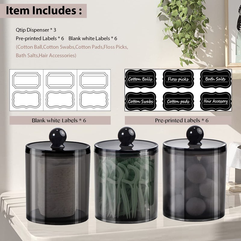 SheeChung 3 Pack Qtip Dispenser Apothecary Jars Bathroom with Labels- Black Plastic Qtip Holder Storage Set for Cotton Ball,Cotton Swab,Cotton Rounds,Floss Picks, Hair Clips，Hair Ties - Image 2