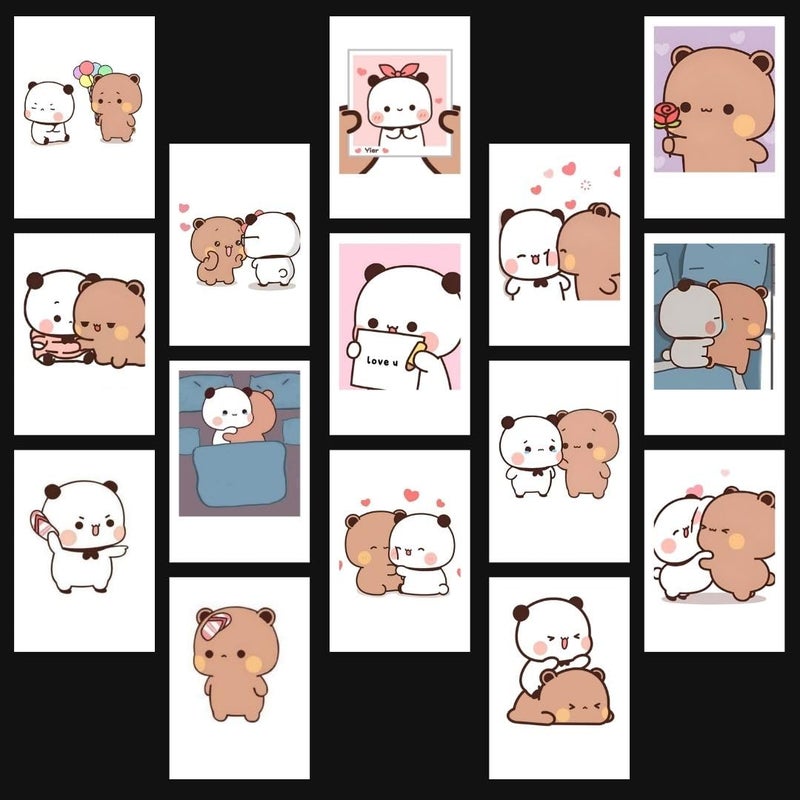 Funk You Bubu Dudu Poster Teddy | Milk Mocha, Peach Goma, Plush Panda Mini Poster Kit (Set of 15) | Cute Couple Bubu Dudu Teddy Peach Goma Size (8 x 6 cm) Posters for Phone Accessories, Room Decoration - Image 1