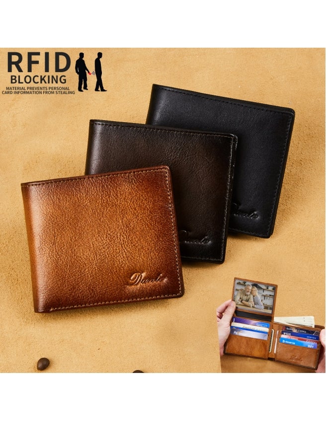 دانتي محفظة رجالية من جلد البقر طبقة أولى مضادة للسرقة، بطاقة RFID، محفظة من الجلد الأصلي باللون البني - Image 5
