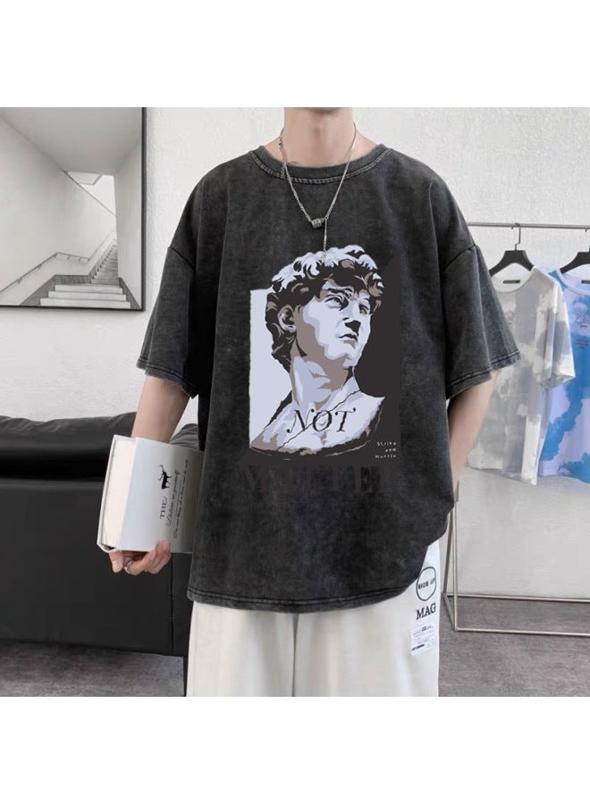 American Vintage Washed T-shirt Uni Oversize Up To 300lbs David Print Cotton T-shirt