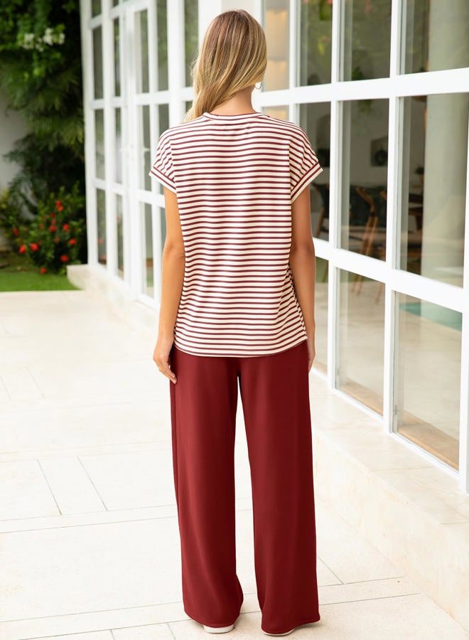 Glamaker Women's 2 Piece Sets Striped Summer Outfits Short Sleeve Shirts Wide Leg Pants Casual Lounge Sweatsuits, Wine Red, L - Image 4