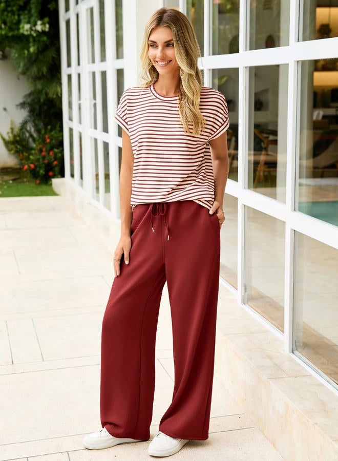 Glamaker Women's 2 Piece Sets Striped Summer Outfits Short Sleeve Shirts Wide Leg Pants Casual Lounge Sweatsuits, Wine Red, L - Image 3