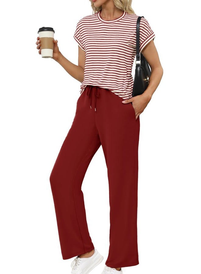 Glamaker Women's 2 Piece Sets Striped Summer Outfits Short Sleeve Shirts Wide Leg Pants Casual Lounge Sweatsuits, Wine Red, L - Image 1