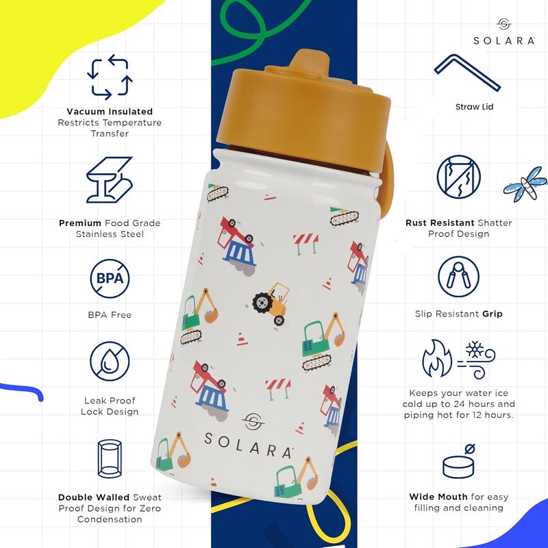 SOLARA Amazi Kids Insulated Water Bottle for Kids 450ml, Kids Water Bottle,Sipper Bottle for Kids,Thermosteel Kids Bottles,Stainless Steel Water Bottles for Kids,Straw Bottle for Kids, Construction - Image 2