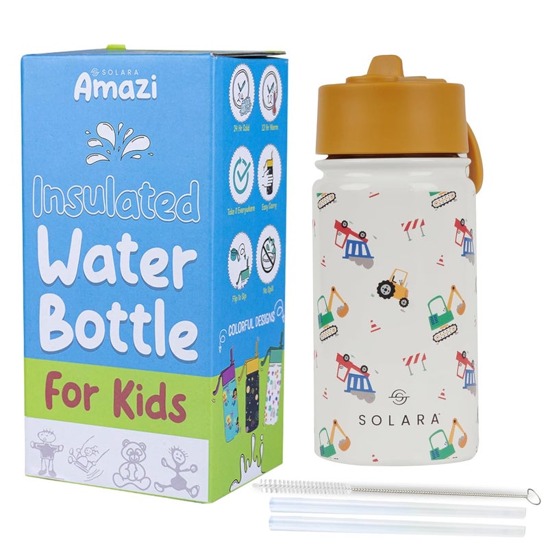 SOLARA Amazi Kids Insulated Water Bottle for Kids 450ml, Kids Water Bottle,Sipper Bottle for Kids,Thermosteel Kids Bottles,Stainless Steel Water Bottles for Kids,Straw Bottle for Kids, Construction - Image 1