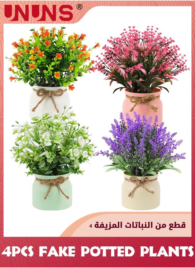 UNUNS - Fake Potted Plants,4 Pack Artificial Potted Flowers Faux Greenery Plants,Eucalyptus Boxwood Lavender In Plastic Macaron Pots Bonsai For Home Office Shelf Desktop Indoor Outdoor Wedding Decor - Image 1