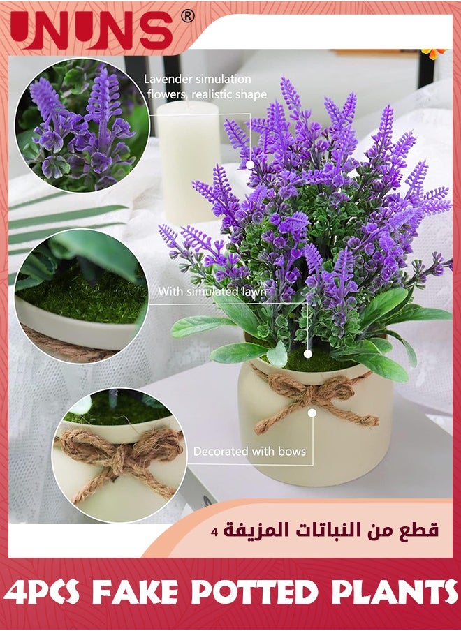 UNUNS - Fake Potted Plants,4 Pack Artificial Potted Flowers Faux Greenery Plants,Eucalyptus Boxwood Lavender In Plastic Macaron Pots Bonsai For Home Office Shelf Desktop Indoor Outdoor Wedding Decor - Image 1