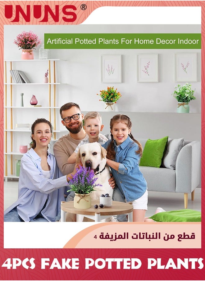 UNUNS - Fake Potted Plants,4 Pack Artificial Potted Flowers Faux Greenery Plants,Eucalyptus Boxwood Lavender In Plastic Macaron Pots Bonsai For Home Office Shelf Desktop Indoor Outdoor Wedding Decor - Image 1