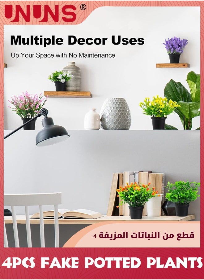 UNUNS - Fake Potted Plants,4 Pack Artificial Potted Flowers Faux Greenery Plants,Eucalyptus Boxwood Lavender In Plastic Macaron Pots Bonsai For Home Office Shelf Desktop Indoor Outdoor Wedding Decor - Image 1
