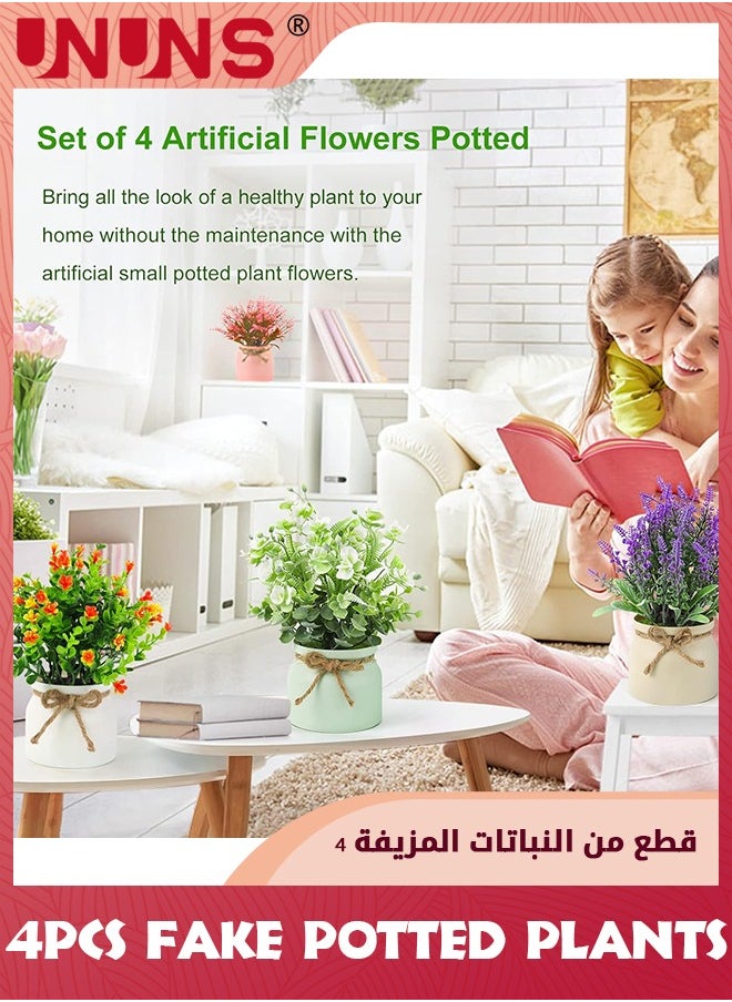 UNUNS - Fake Potted Plants,4 Pack Artificial Potted Flowers Faux Greenery Plants,Eucalyptus Boxwood Lavender In Plastic Macaron Pots Bonsai For Home Office Shelf Desktop Indoor Outdoor Wedding Decor - Image 1