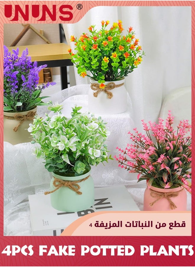 UNUNS - Fake Potted Plants,4 Pack Artificial Potted Flowers Faux Greenery Plants,Eucalyptus Boxwood Lavender In Plastic Macaron Pots Bonsai For Home Office Shelf Desktop Indoor Outdoor Wedding Decor - Image 1