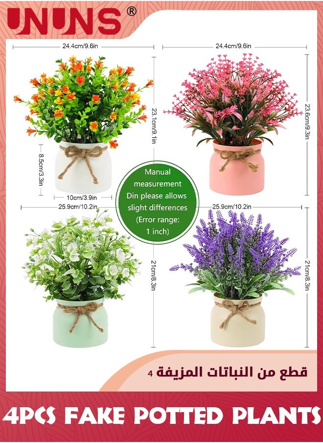 UNUNS - Fake Potted Plants,4 Pack Artificial Potted Flowers Faux Greenery Plants,Eucalyptus Boxwood Lavender In Plastic Macaron Pots Bonsai For Home Office Shelf Desktop Indoor Outdoor Wedding Decor - Image 1
