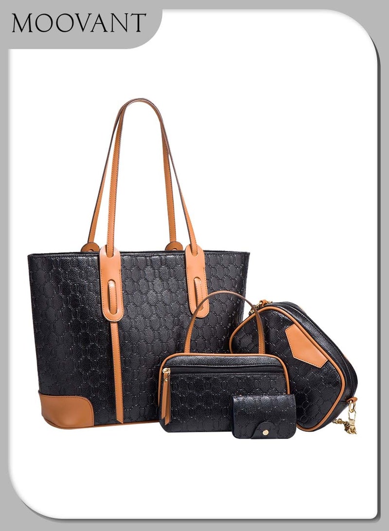 Moovant 4-Piece Women's Tote Bag Set, Large Capacity Shoulder Bag, Fashion PU Leather Handbag, Leisure Travel Versatile Commuting Bag Set, Black  - Image 1