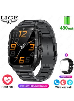 LIGE Smart Watch For Men 1.96 inch HD Screen 430mAh Large Battery 100+ Sports Modes Steel Black Smartwatch IP67 Waterproof Extra Silicone Strap  - Image 1