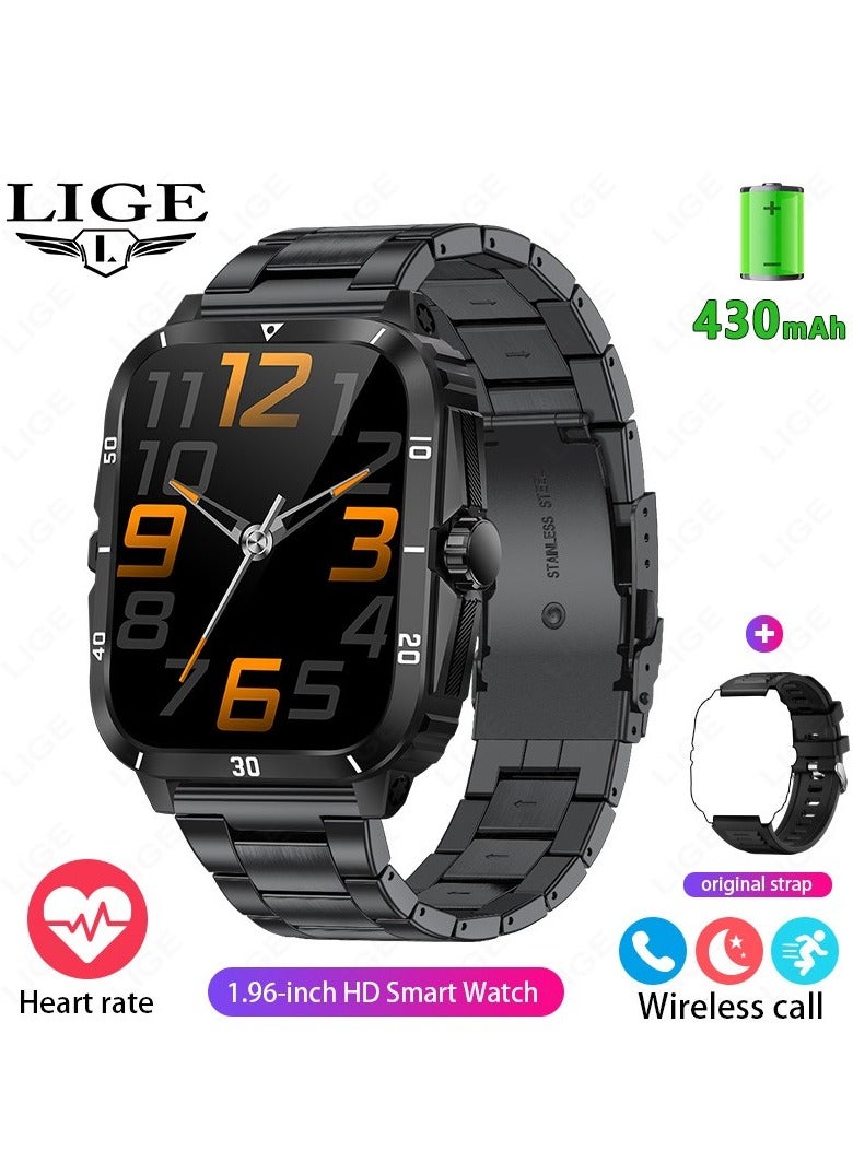 LIGE Smart Watch For Men 1.96 inch HD Screen 430mAh Large Battery 100+ Sports Modes Steel Black Smartwatch IP67 Waterproof Extra Silicone Strap  - Image 1