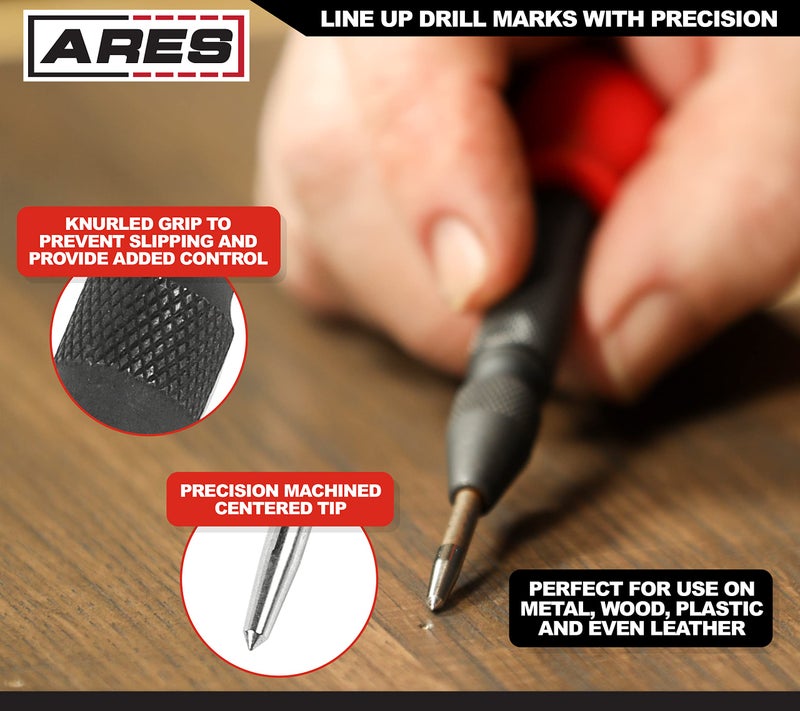 ARES 10022 - Automatic Center Punch - 5-Inch Adjustable Spring-Loaded Tool - Anti-Slip Knurled Grip - Durable S2 Steel Tip - Image 3