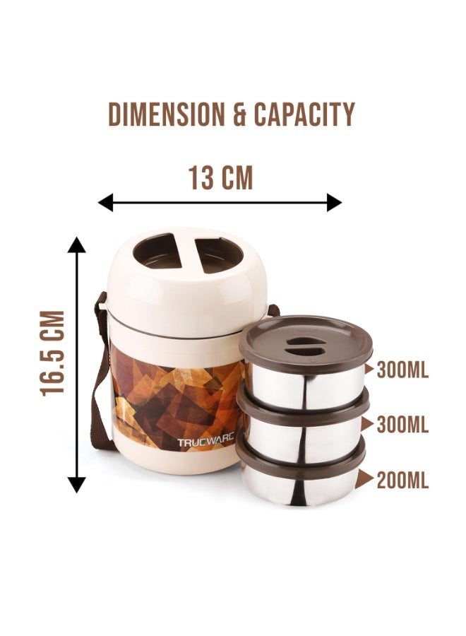 Trueware Office 2 Lunch Box with 3 Stainless Steel Container,300ml X2, 200Ml X 1 Brown | PU Insulated | Tiffin | Hot Lunch Box | Leak Proof - Image 2