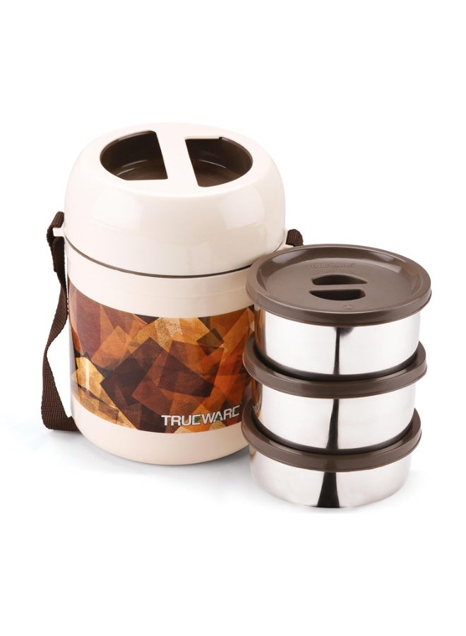 Trueware Office 2 Lunch Box with 3 Stainless Steel Container,300ml X2, 200Ml X 1 Brown | PU Insulated | Tiffin | Hot Lunch Box | Leak Proof - Image 1
