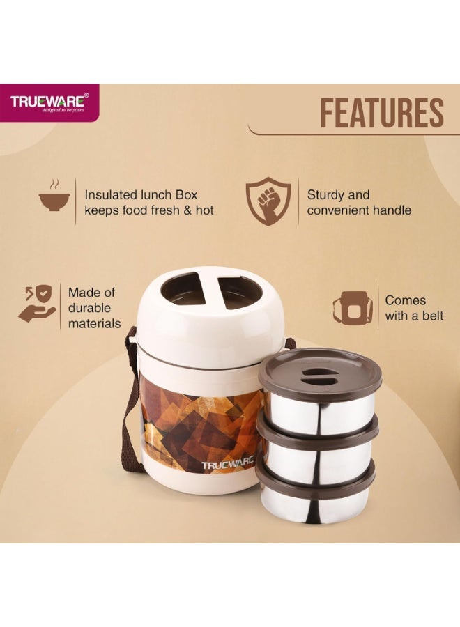 Trueware Office 2 Lunch Box with 3 Stainless Steel Container,300ml X2, 200Ml X 1 Brown | PU Insulated | Tiffin | Hot Lunch Box | Leak Proof - Image 4
