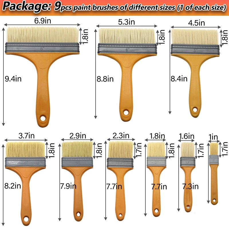 BZCWHWY 9Pack Chip Paint Brushes Soft Bristles Wall Painting Brush Varnish Wood Stain Brush Set for Furniture Fence Flat Brushes for Painting Oil Acrylic 1 1.5 2 2.5 3 4 5 6 8 inch - Image 5