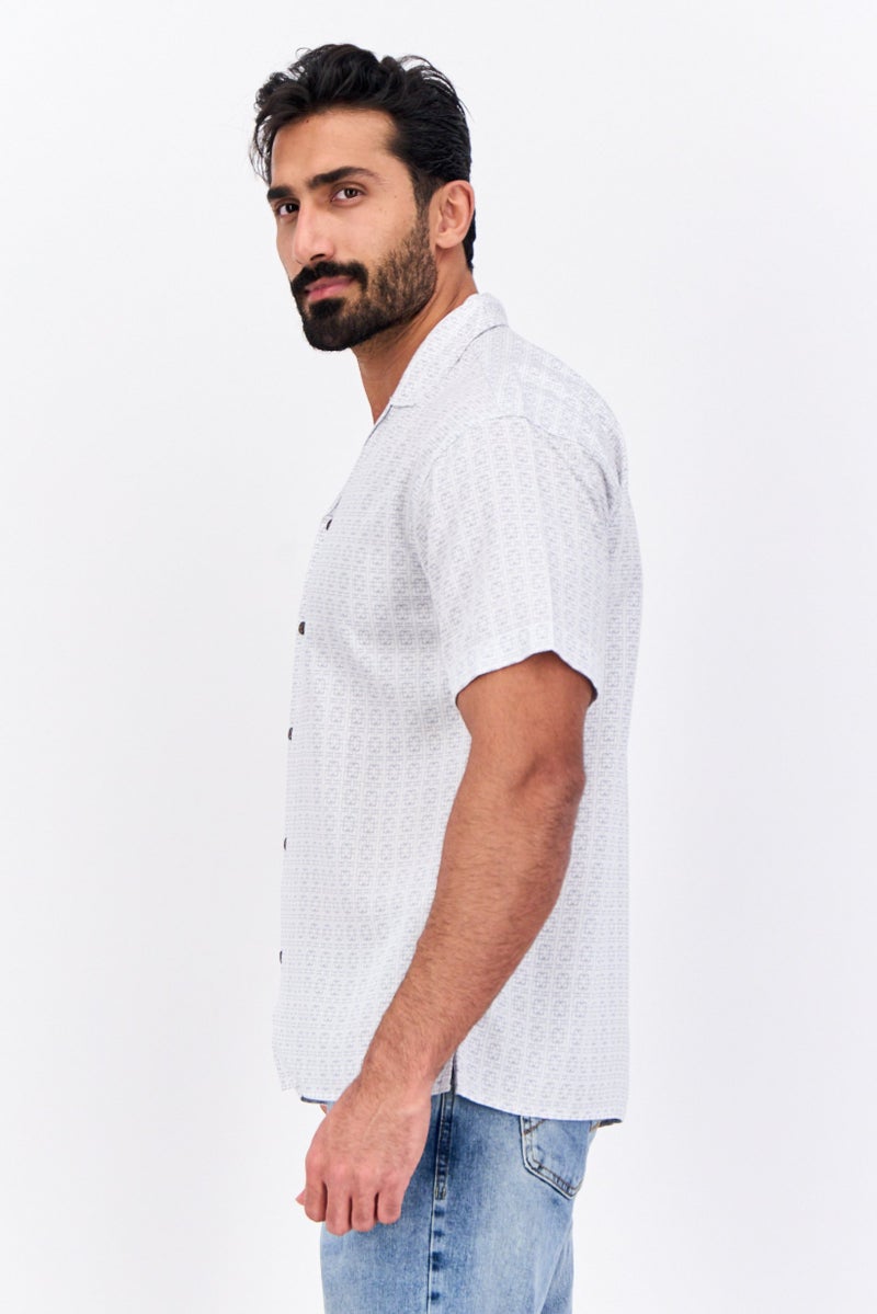Jack Jones Men Regular Fit All Over Print Short Sleeve Casual Shirts, White  - Image 4
