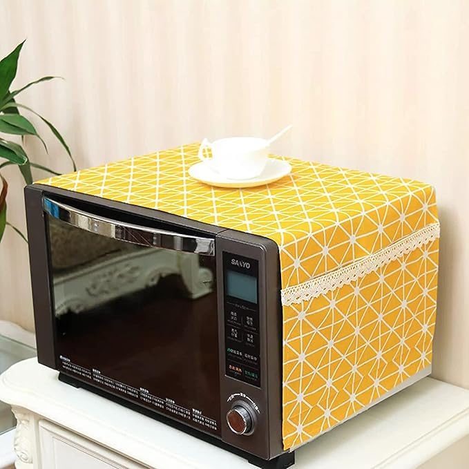 Quakzapp Microwave Oven Dust Proof Cover with Side Pouch Bag Cotton Linen Kitchen Storage Bags Yellow - Image 1