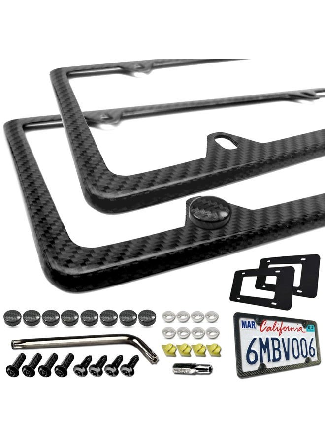 BGGTMO Carbon Fiber License Plate Frames - 100% Real Carbon Cloth Wrapped Stainless Steel Metal, Slim Car Tag Holder with Anti-Theft Screws & Caps (2 Pack 4 Hole) - Image 1