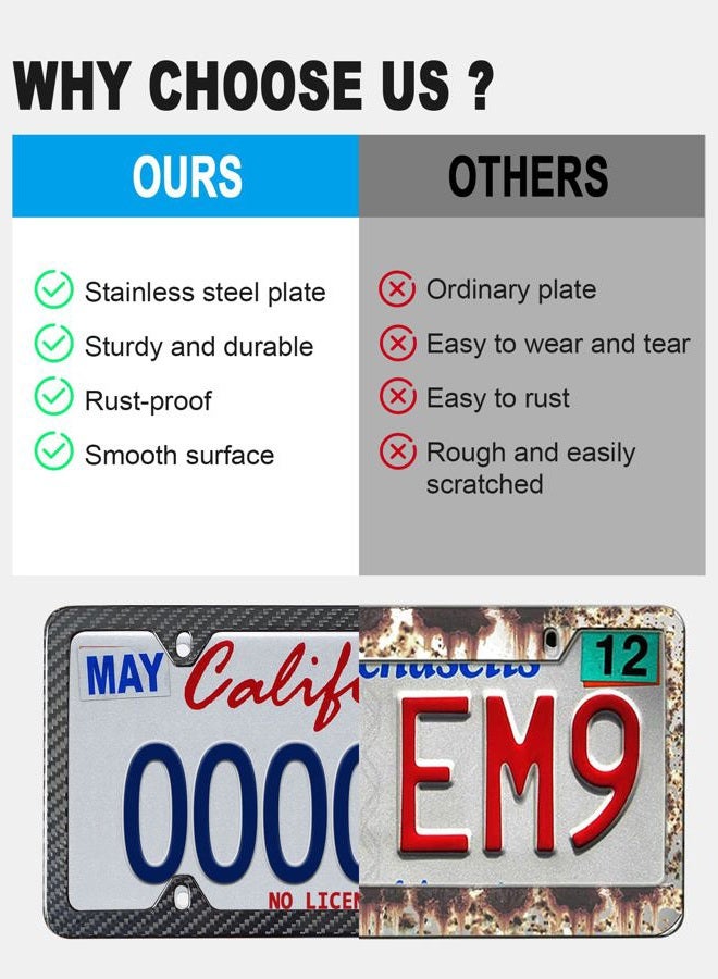 BGGTMO Carbon Fiber License Plate Frames - 100% Real Carbon Cloth Wrapped Stainless Steel Metal, Slim Car Tag Holder with Anti-Theft Screws & Caps (2 Pack 4 Hole) - Image 5