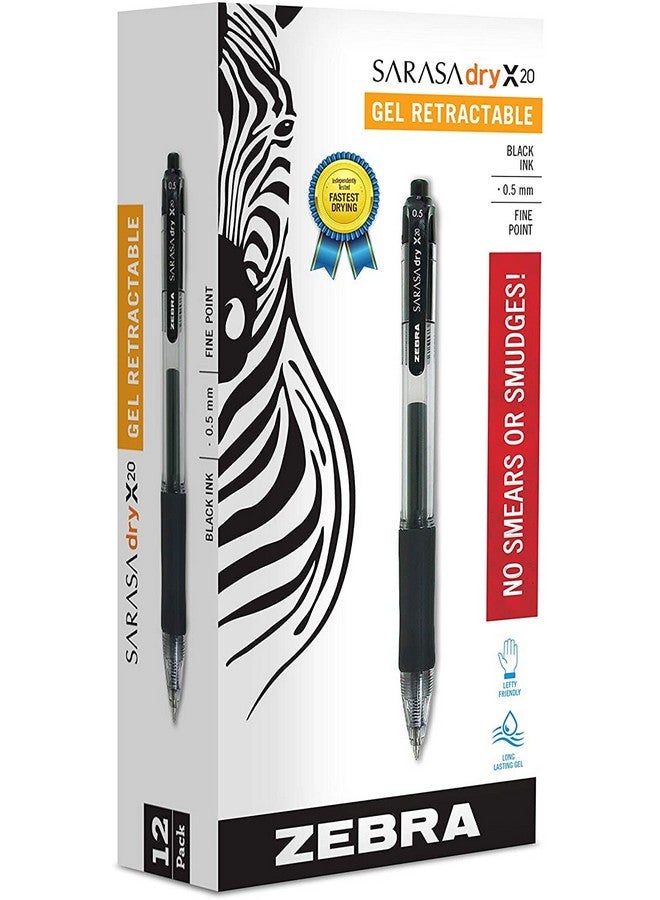 Zebra Pen Sarasa Dry X20 Retractable Gel Pen, Fine Point, 0.5mm, Black Ink, 12-Pack - Image 1