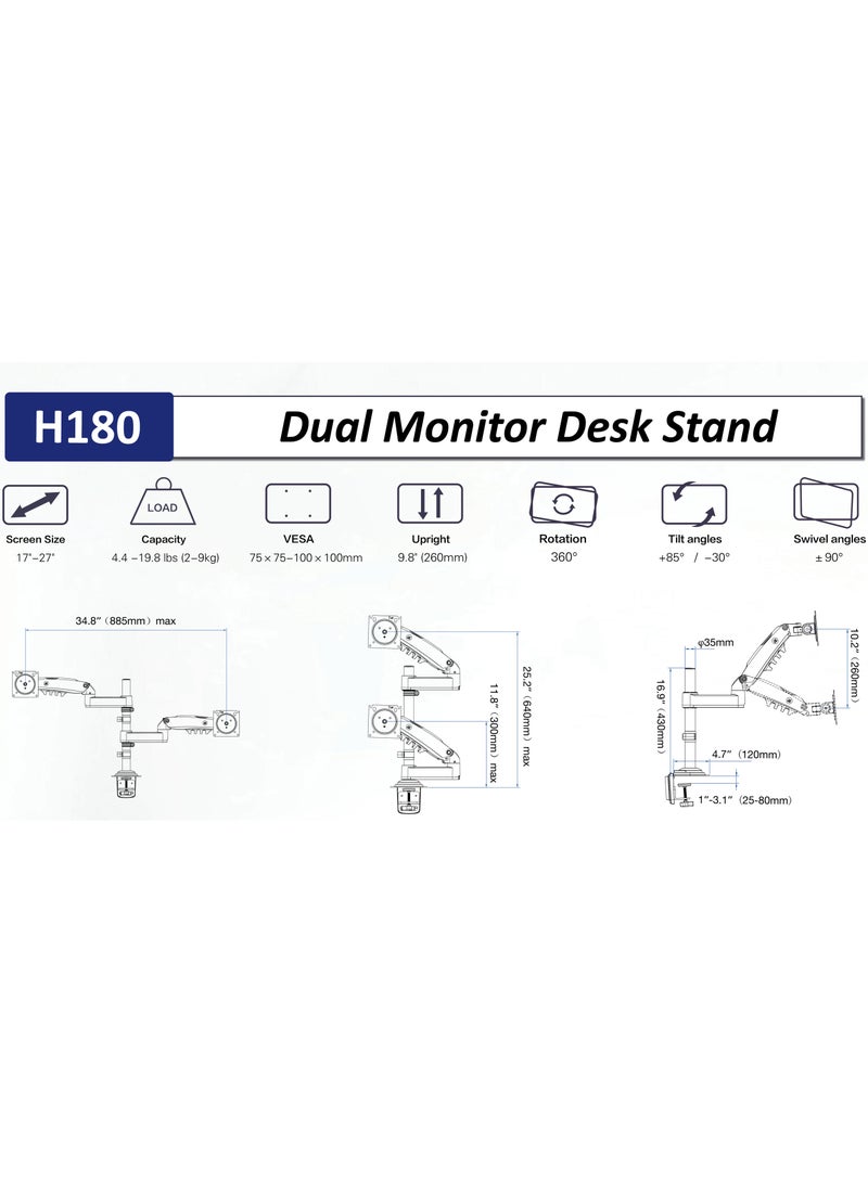 NB ERGONOMIC Dual Monitor Arm Dual Monitor Stand for Two 17" to 27" Screens with Load Capacity 4.4~19.8lbs for Each Monitor, VESA 75x75 & 100x100, Full Motion Dual Monitor Desk Mount, Grey | H180  - Image 5