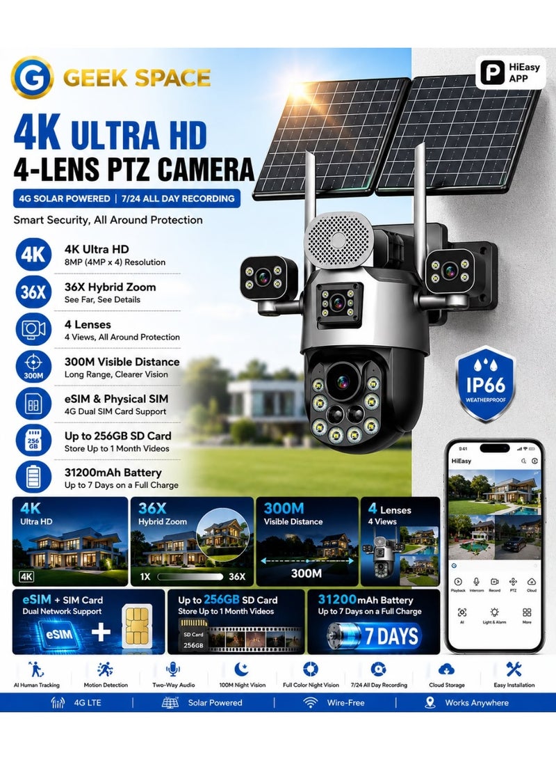 GEEK SPACE 4G LTE Solar Powered 4K PTZ Security Camera Outdoor Wireless 4 Lens CCTV Camera with Dual Solar Panels, AI Motion Detection, 36X Zoom, Full Color Night Vision, Two-Way Audio, IP66 Waterproof, 256GB SD Card Support - Image 4