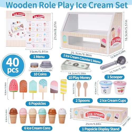 Melofaver Wooden Ice Cream Counter Playset for Kids Toddler Girl Toys Kitchen Playset Pretend Play Gifts for 3 4 5 6 Year Old Girl or Boy Play Food Scoop and Serve Play Kitchen Sets for Kids Ages 48 - Image 5