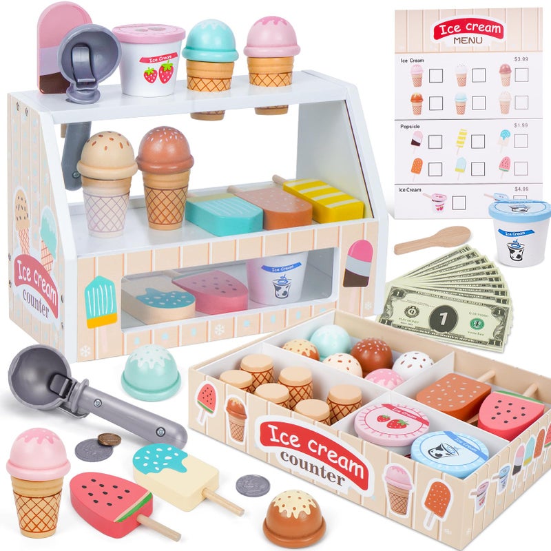 Melofaver Wooden Ice Cream Counter Playset for Kids Toddler Girl Toys Kitchen Playset Pretend Play Gifts for 3 4 5 6 Year Old Girl or Boy Play Food Scoop and Serve Play Kitchen Sets for Kids Ages 48 - Image 3